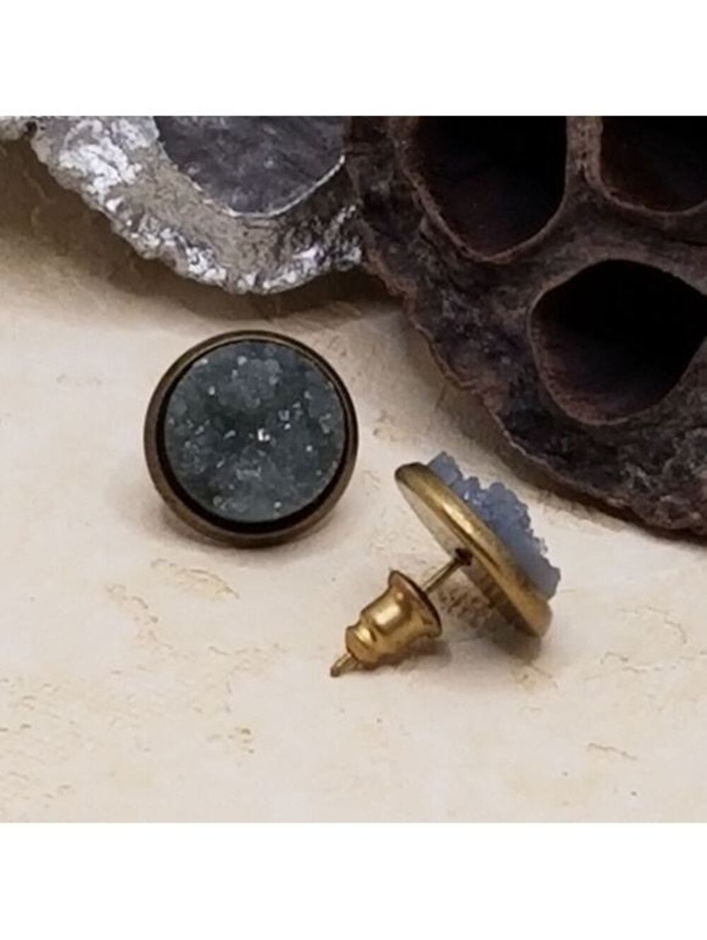 Antique Brass Textured Druzy Stud Earrings Grey